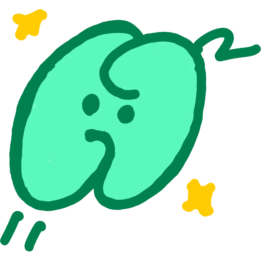 NEWnew のマスコット。ミント色のまるい生き物が寝ている手描きイラスト